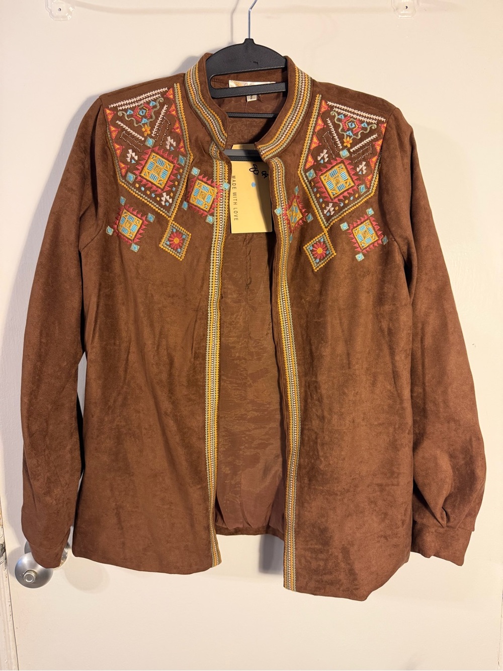 Andre by unit Embroidered Brown Suede-Feel Bomber Jacket Small